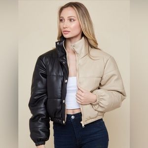 Saints and Hearts Faux leather color block puffer jacket size medium women’s